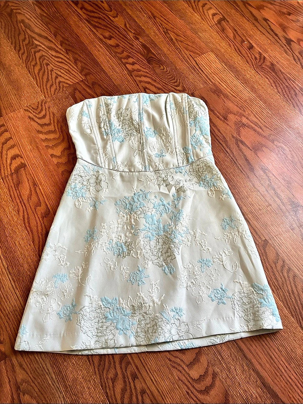 Strapless Party Dress in Cream & Blue